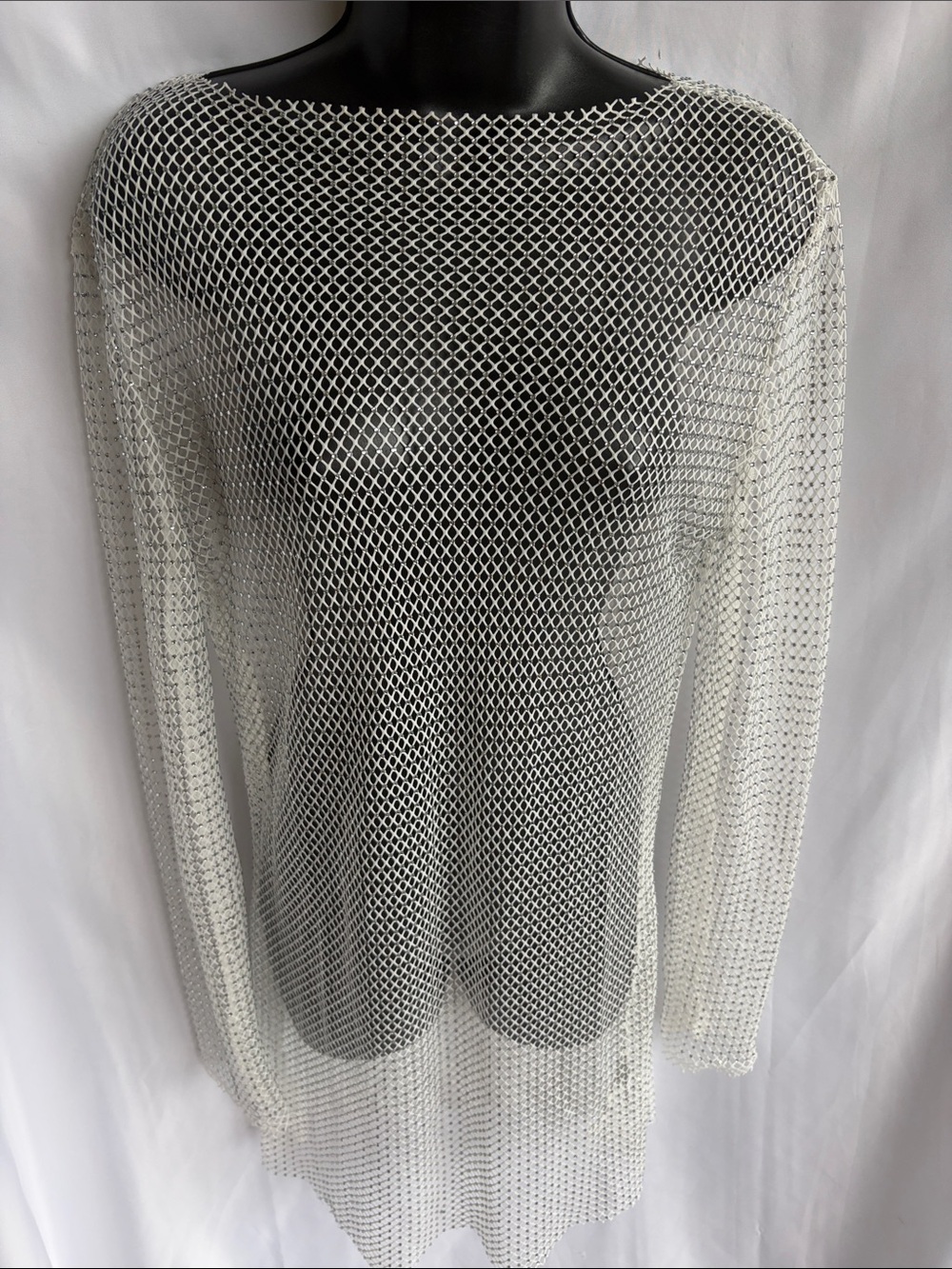 12th Tribe Silver Rhinestone Mesh Mini Dress overlay, M, 20” PTP, 33”L, raw edge